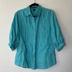 Ralph Lauren Womens 100% Linen Button Up Shirt Large Puff Sleeves Teal Preppy